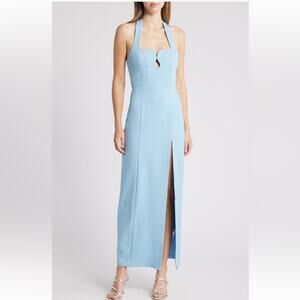 elliatt tuning blue halter neck keyhole high slit maxi gown dress size large NEW